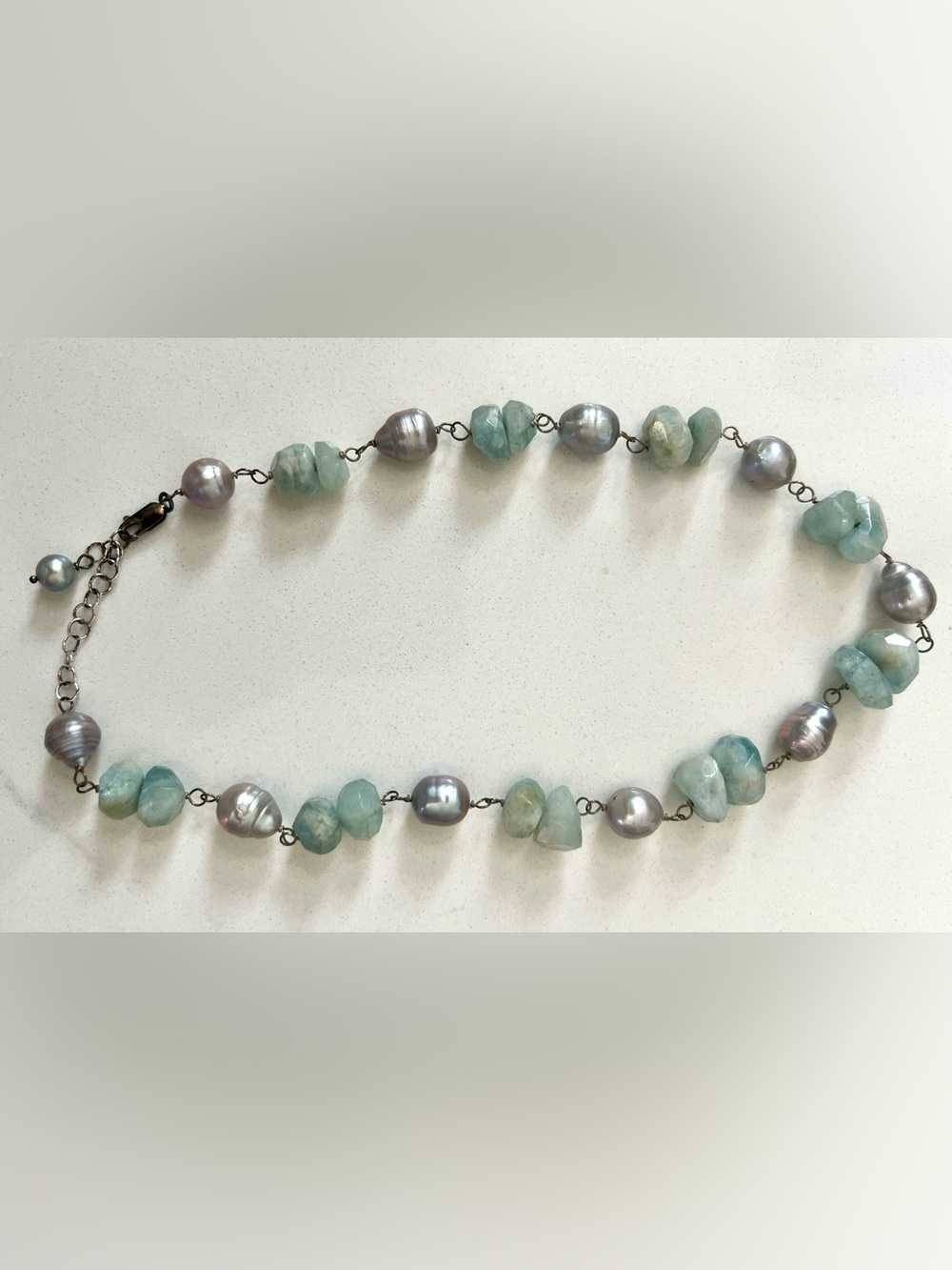 Tumbled Aquamarine and Grey Pearl Station Necklace